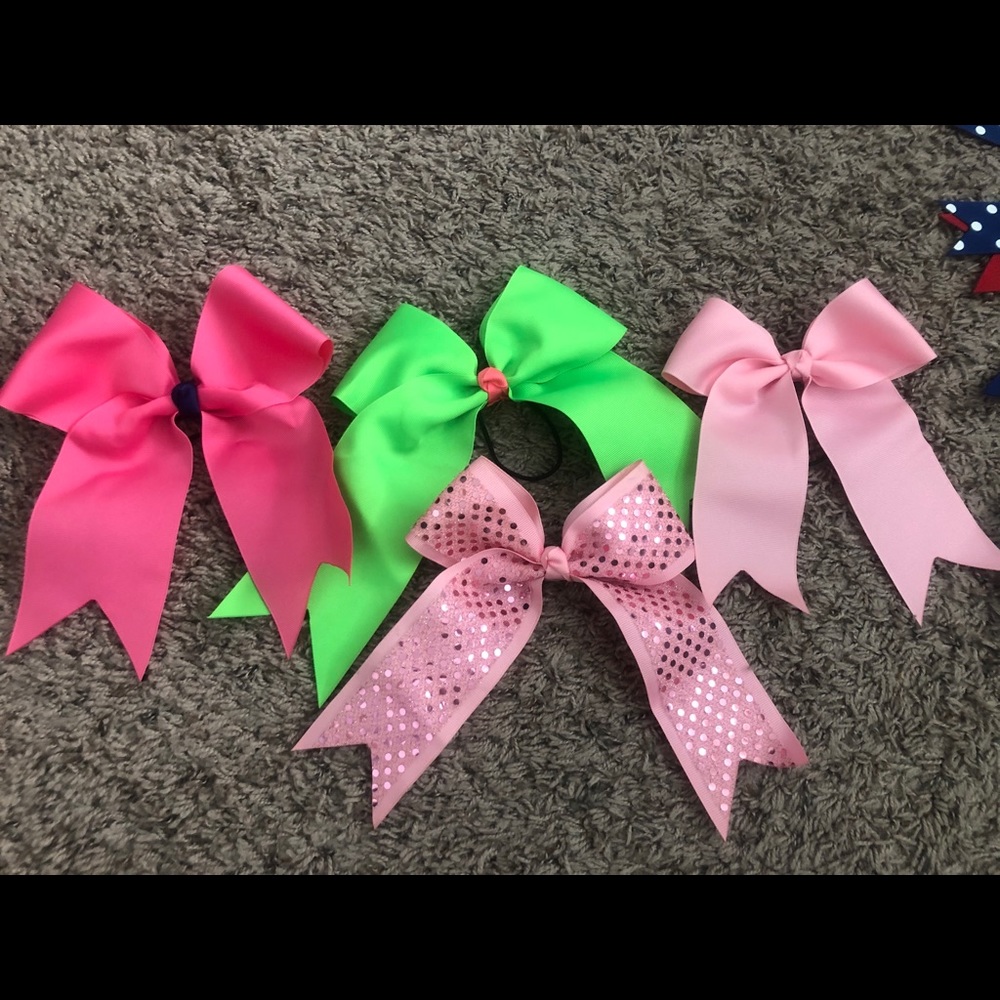 four pink cheer hair bows breast cancer awareness